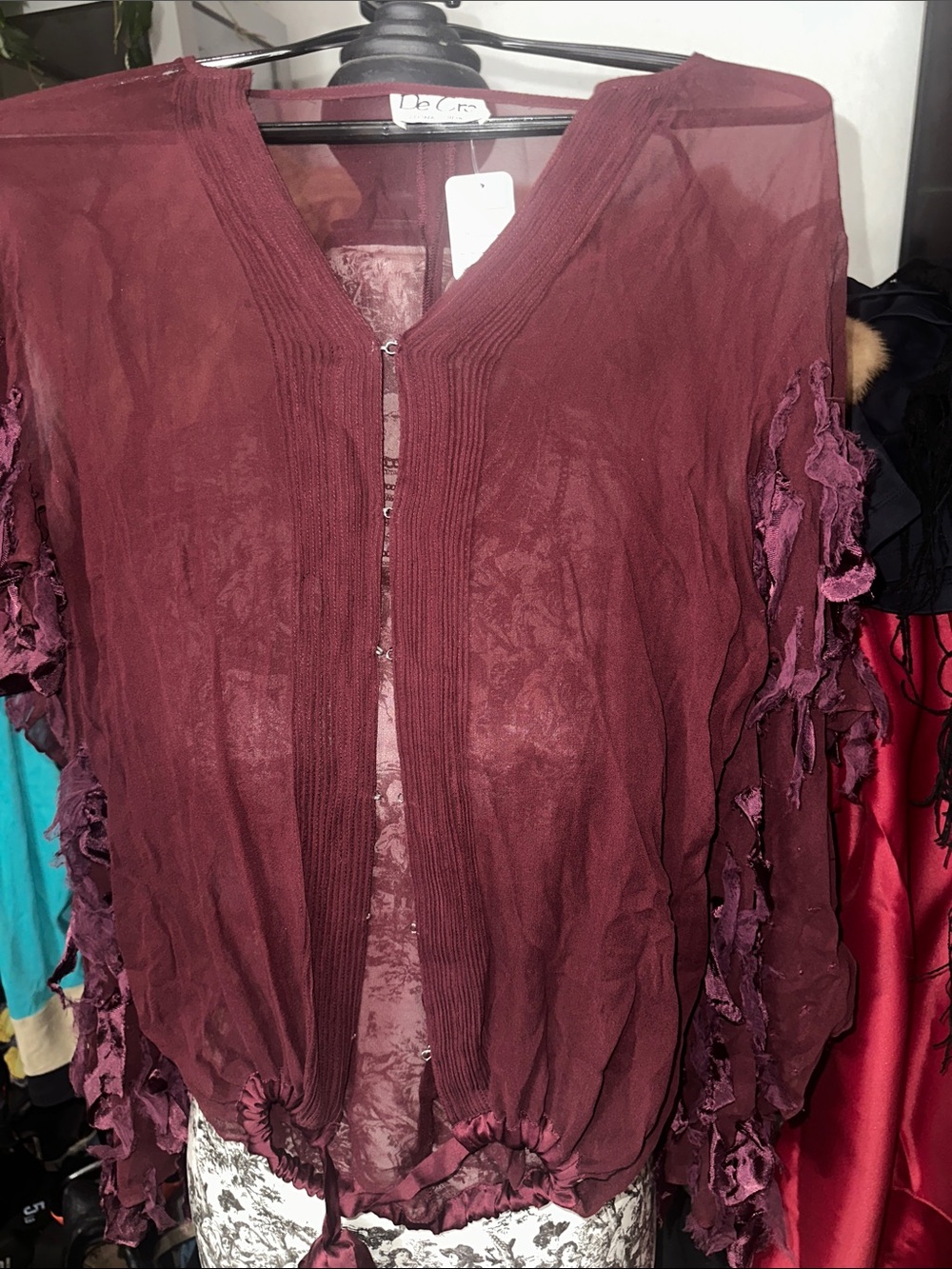 Lightweight Maroon Womenβs Jacket with Ruffle Sleeve Detail